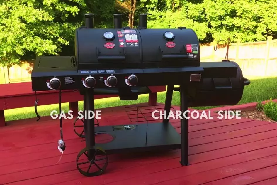 gas charcoal combo grill in the patio illustrating dual fuel sides