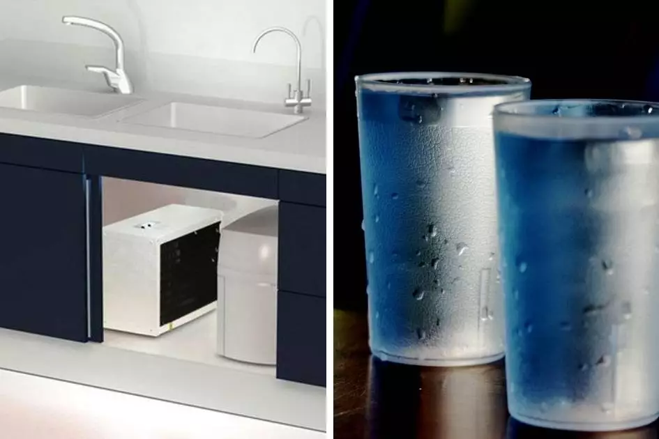 two frames including an under-sink water chiller and chilled water in two cups