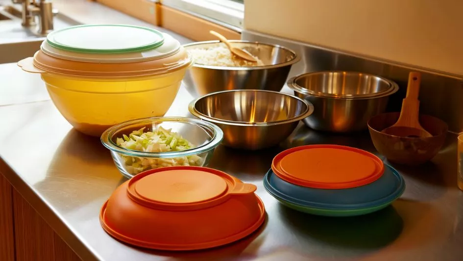 glass plastic steel mixing bowls with lids on the kitchen counter